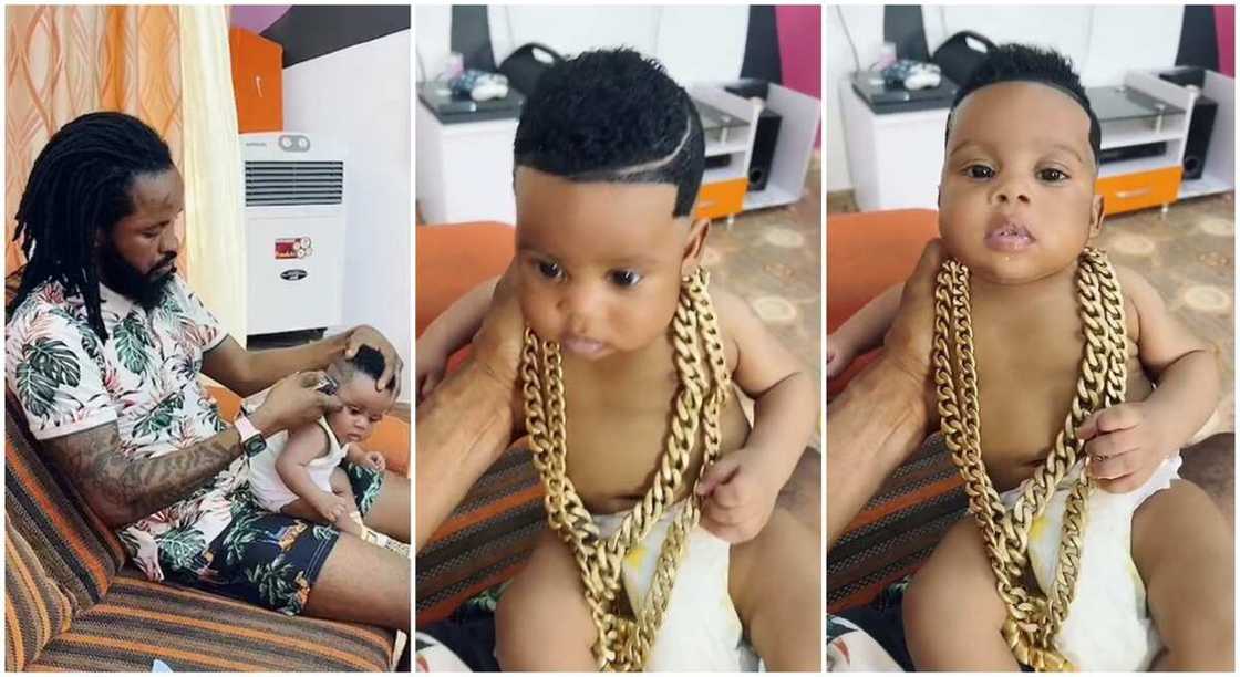 Man giving his infant baby a haircut. Man giving his infant baby a haircut.