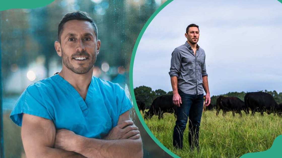 Paul Saladino in uniform and him at a cow field Paul Saladino in uniform and him at a cow field