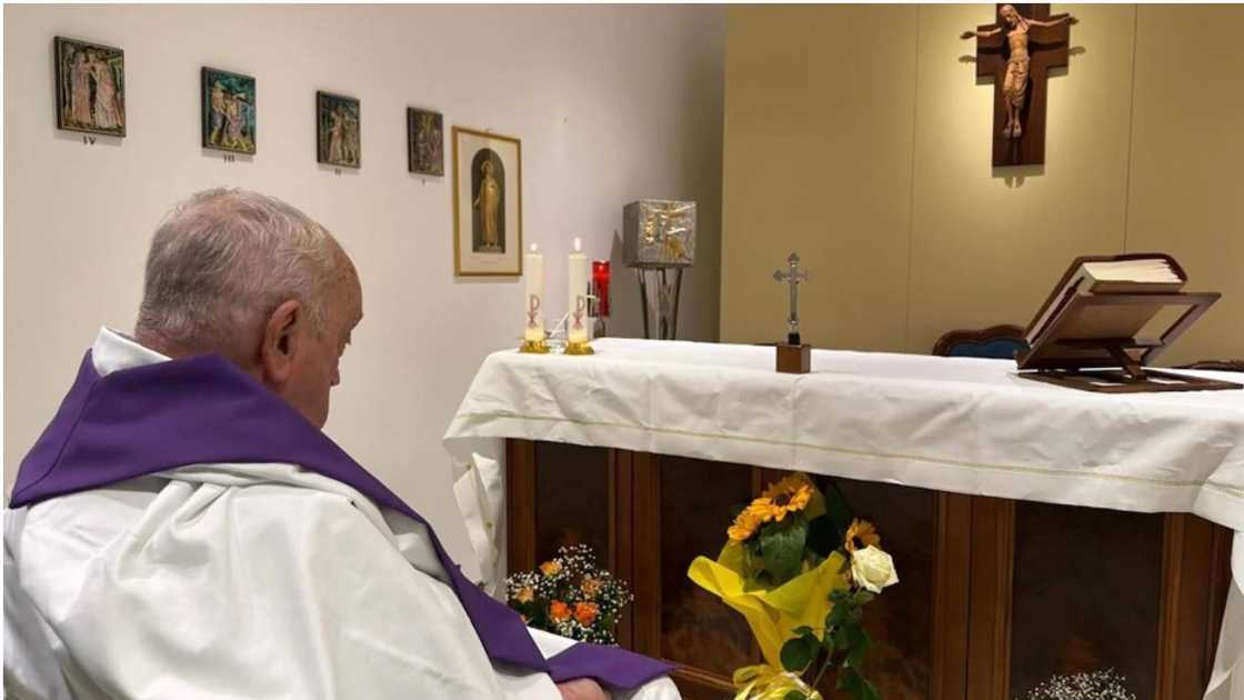 The Vatican released the first photo of Pope Francis concelebrating Mass at Gemelli hospital since his hospitalisation for pneumonia. The Vatican released the first photo of Pope Francis concelebrating Mass at Gemelli hospital since his hospitalisation for pneumonia.