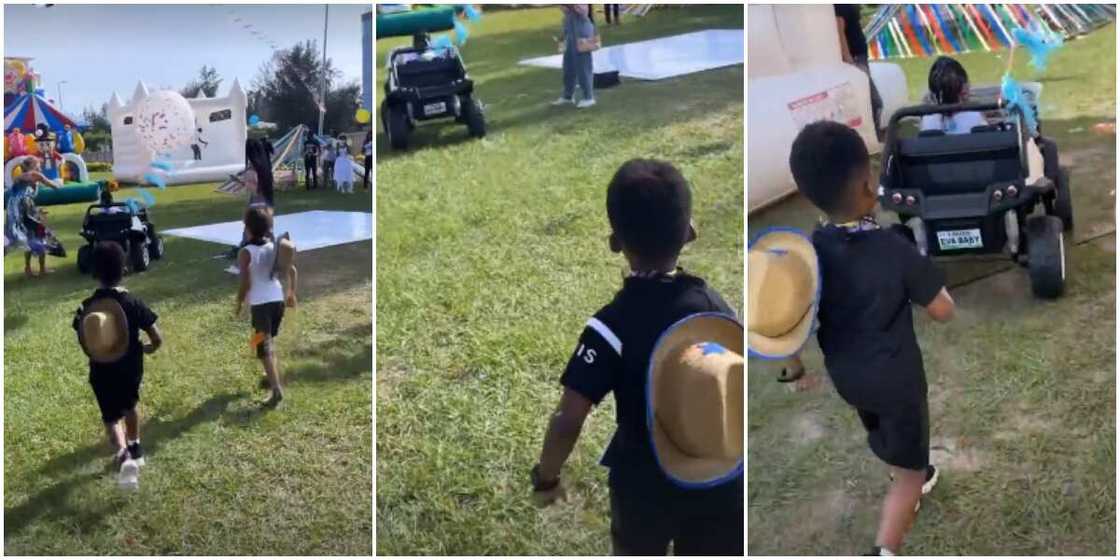 Jamil Follow Your Wife, Davido Tells Tiwa’s Son As Male Kid Tries to Hop Into Imade’s Toy Car at Her Party