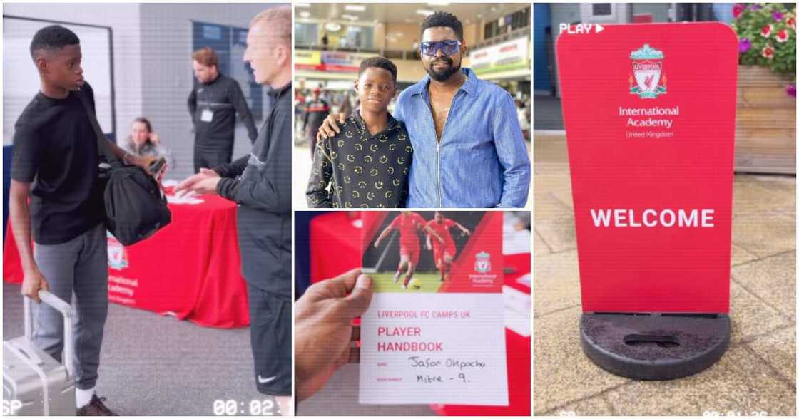 Comedian Basketmouth and his son, Basketmouth's son at Liverpool Football Academy.