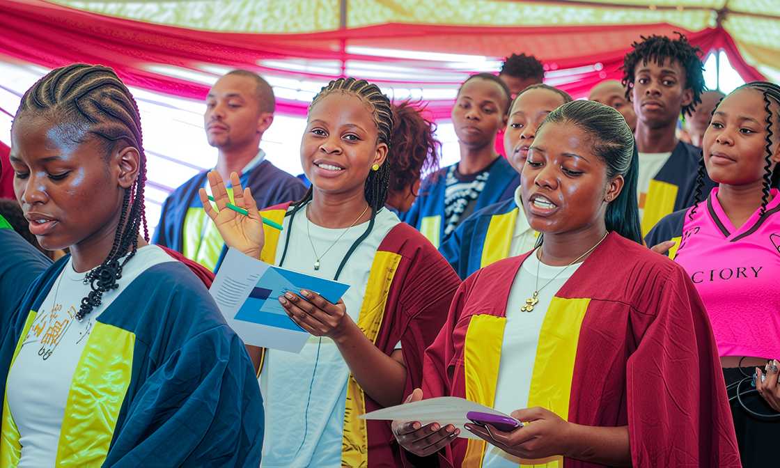 Ronik polytechnic candidates read while standing during a matriculation ceremony.