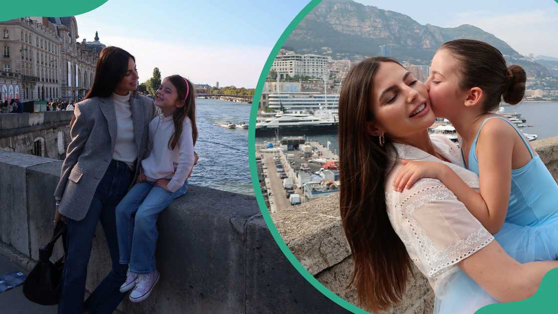 Kelly Piquet posing with her daughter, Penelope on a bridge (L). Kelly Piquet posing while carrying her daughter Penelope (R). Kelly Piquet posing with her daughter, Penelope on a bridge (L). Kelly Piquet posing while carrying her daughter Penelope (R).