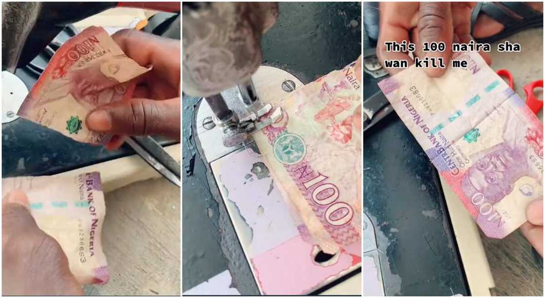 Photos of a man stitching N100 note. Photos of a man stitching N100 note.