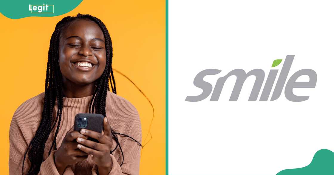 A happy young woman looks at her phone. The Smile Wi-Fi logo. A happy young woman looks at her phone. The Smile Wi-Fi logo.
