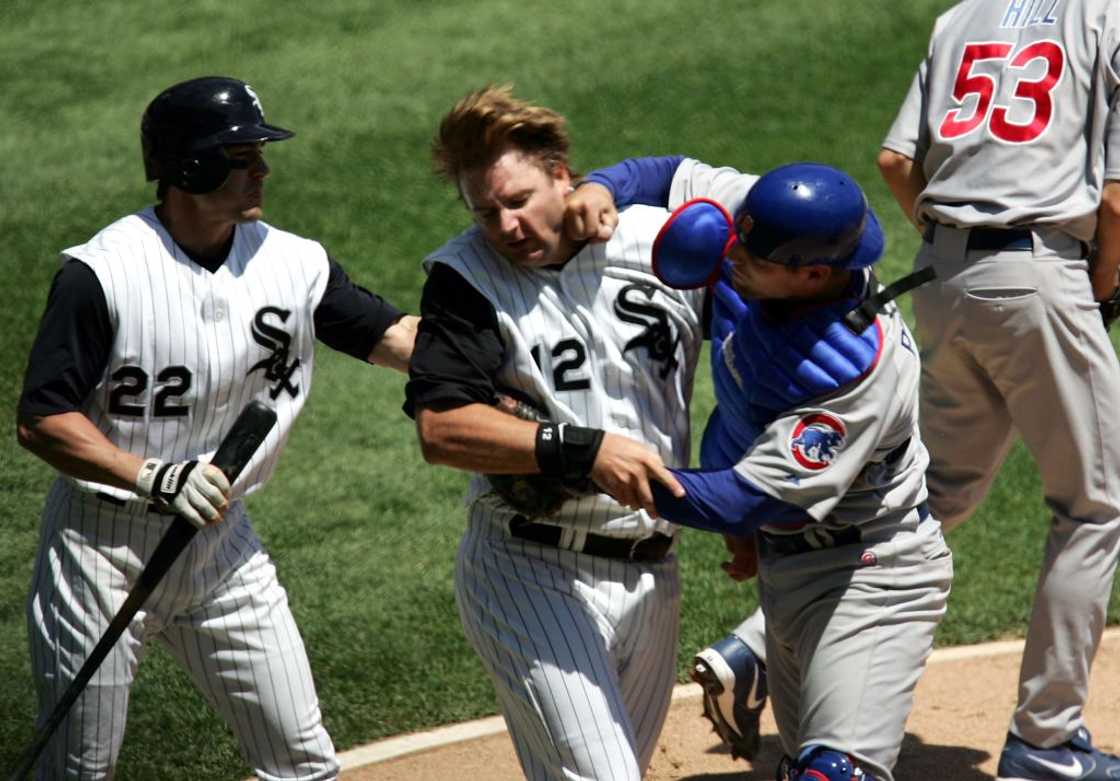 Michael Barrett punches A.J. Pierzynski on 20 May 2006 at U.S. Cellular Field in Chicago, Illinois. Michael Barrett punches A.J. Pierzynski on 20 May 2006 at U.S. Cellular Field in Chicago, Illinois.