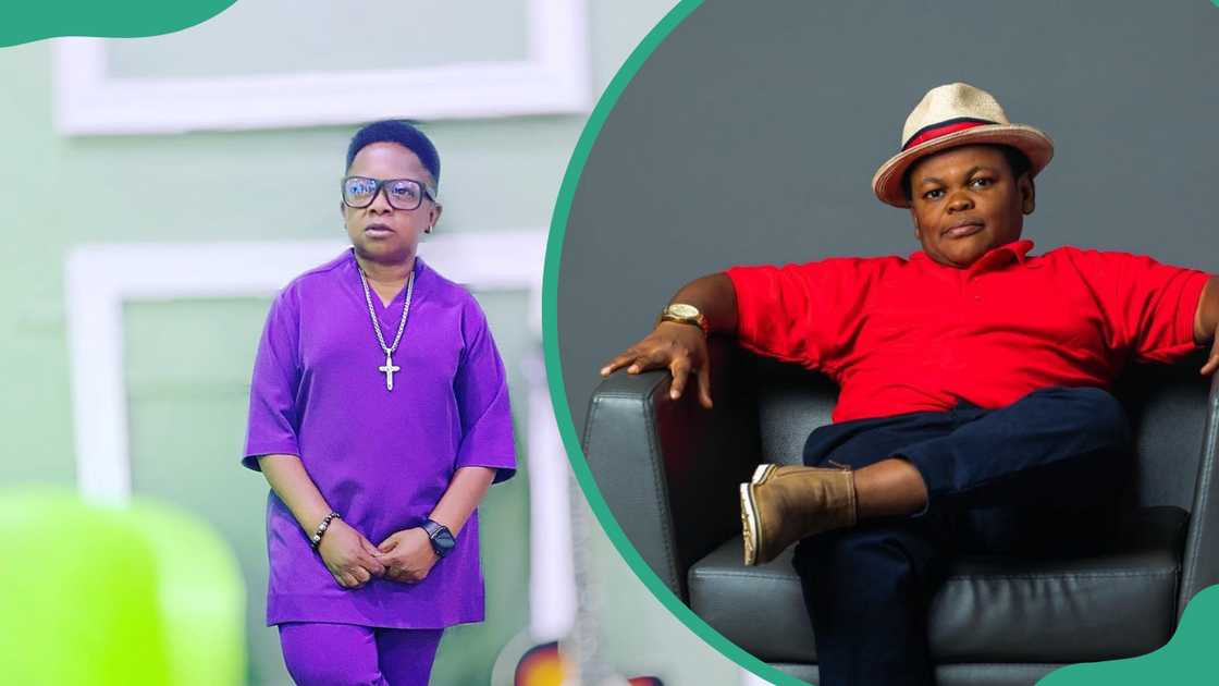 Chinedu Ikedieze is pictured in a purple outfit and Osita Iheme is pictured in a red polo shirt and black pants