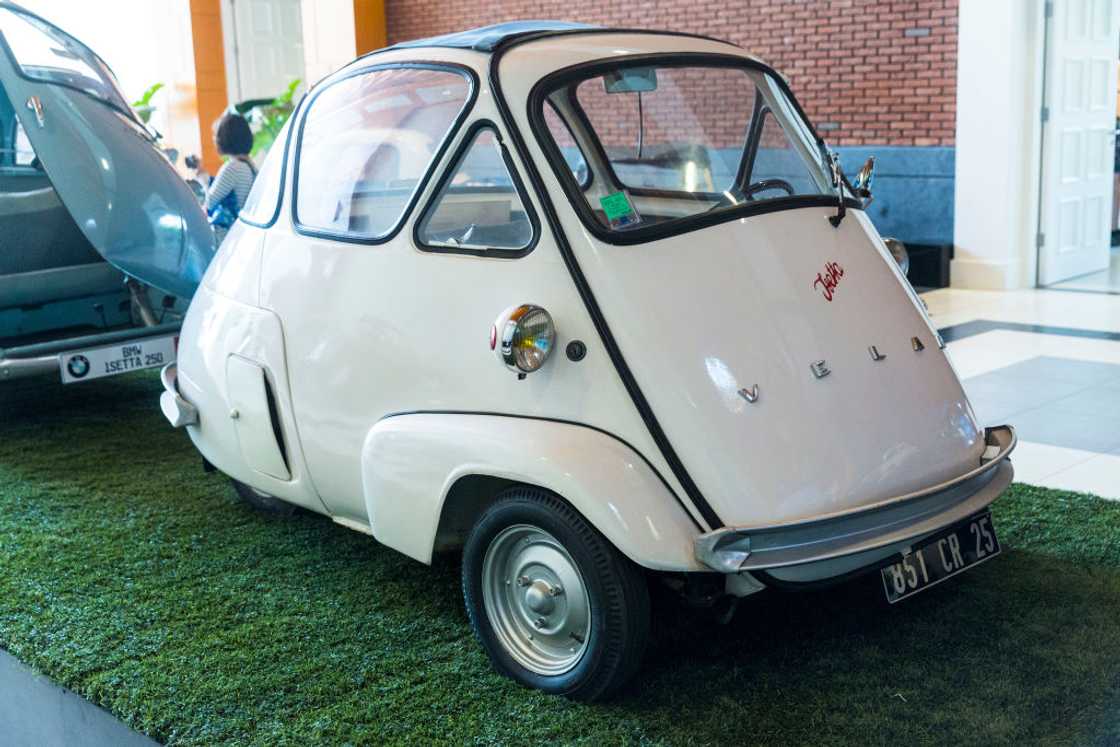 A white Velam Isetta is on display A white Velam Isetta is on display