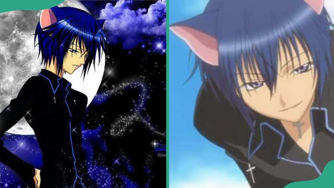 Ikuto Tsukiyomi against a cosmic background of stars and galaxies (L). The character wearing a cross necklace (R)