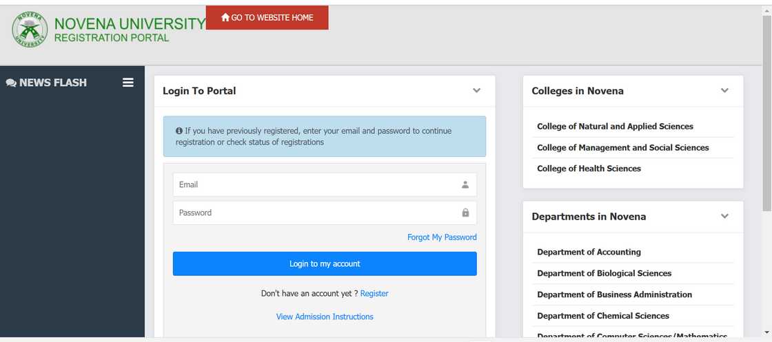 Novena University admission portal login