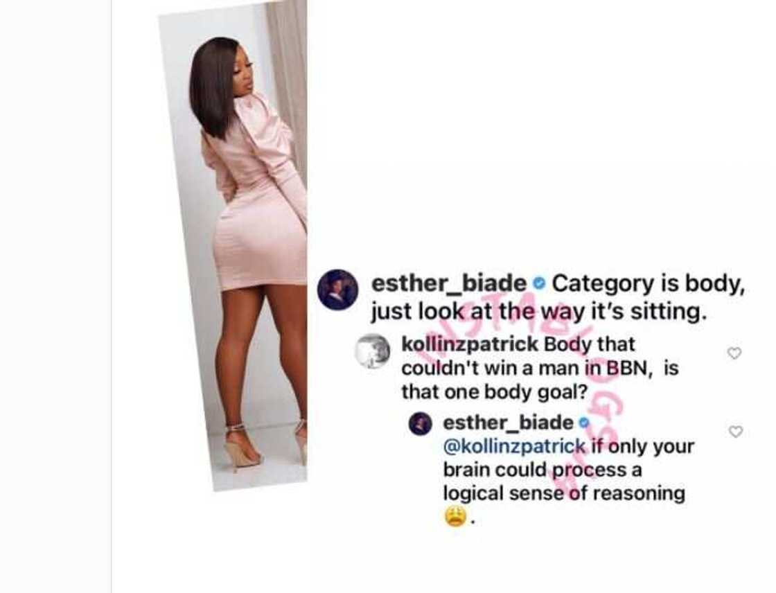 BBNaija’s Esther responds to troll who slammed her for praising her body (photos) BBNaija’s Esther responds to troll who slammed her for praising her body (photos)