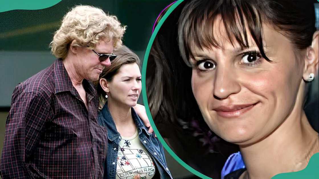 Mutt Lange holding Marie-Anne Thiébaud's shoulder (L) and Marie-Anne smiling (R) Mutt Lange holding Marie-Anne Thiébaud's shoulder (L) and Marie-Anne smiling (R)