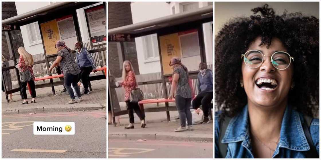 Oyinbo lady takes off as woman breaks into weird dance moves while waiting for a bus, video stirs reactions Oyinbo lady takes off as woman breaks into weird dance moves while waiting for a bus, video stirs reactions