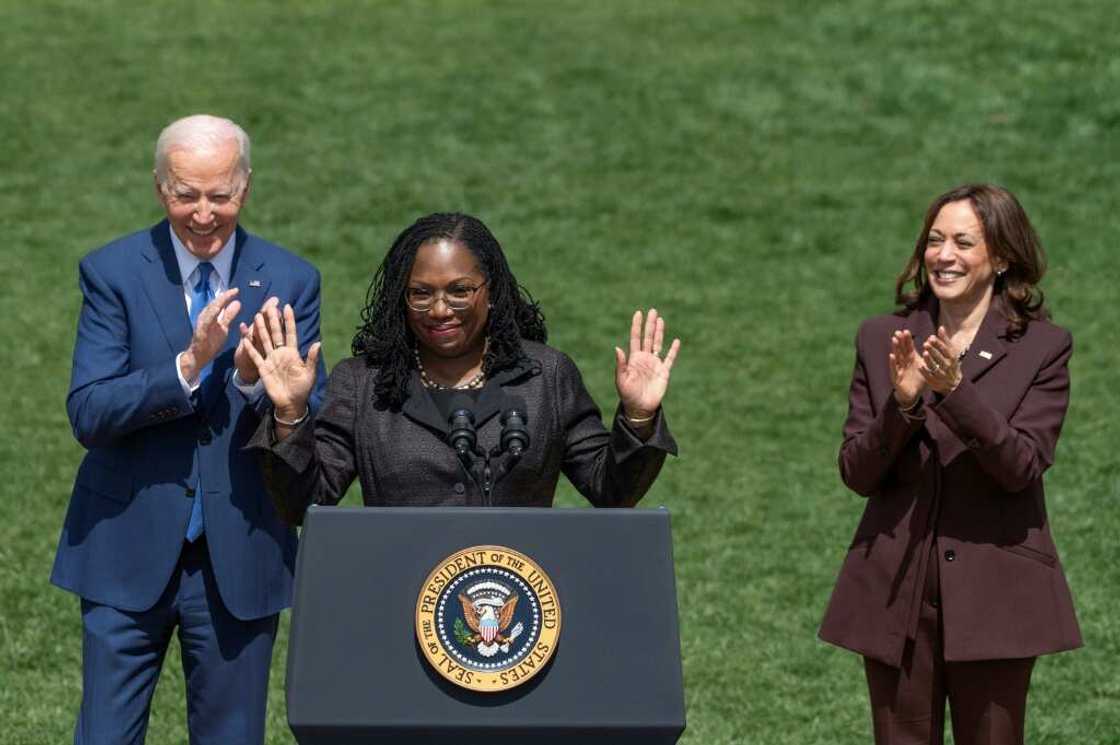 Judge Ketanji Brown Jackson speaks alongside US President Joe Biden and US Vice President Kamala Harris at an event celebrating Jackson's confirmation to the US Supreme Court on the South Lawn of the White House in Washington, DC, on April 08, 2022 Judge Ketanji Brown Jackson speaks alongside US President Joe Biden and US Vice President Kamala Harris at an event celebrating Jackson's confirmation to the US Supreme Court on the South Lawn of the White House in Washington, DC, on April 08, 2022