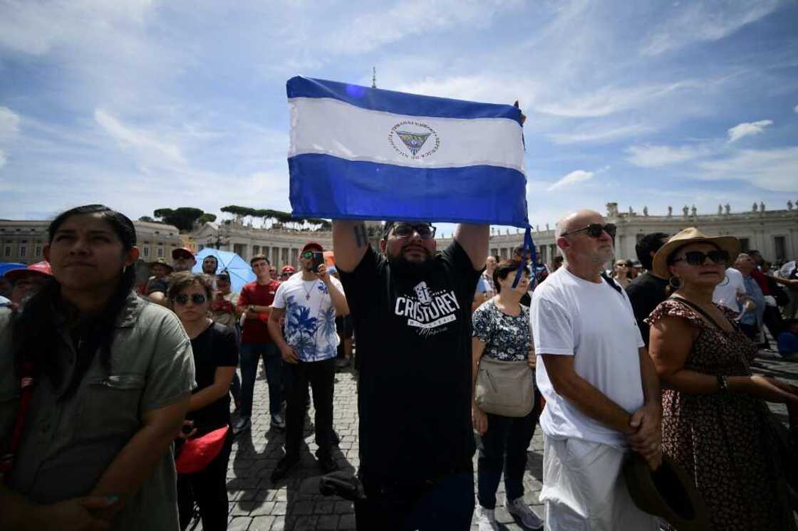 A man holds the national flag of Nicaragua at St. Peter's square during the Pope's weekly Angelus prayer on August 21, 2022 in The Vatican A man holds the national flag of Nicaragua at St. Peter's square during the Pope's weekly Angelus prayer on August 21, 2022 in The Vatican