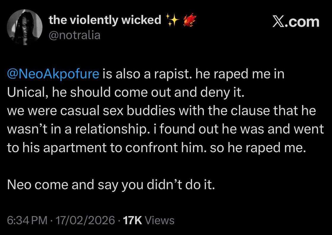 An X user accuses Neo Akpofure of sexual assault