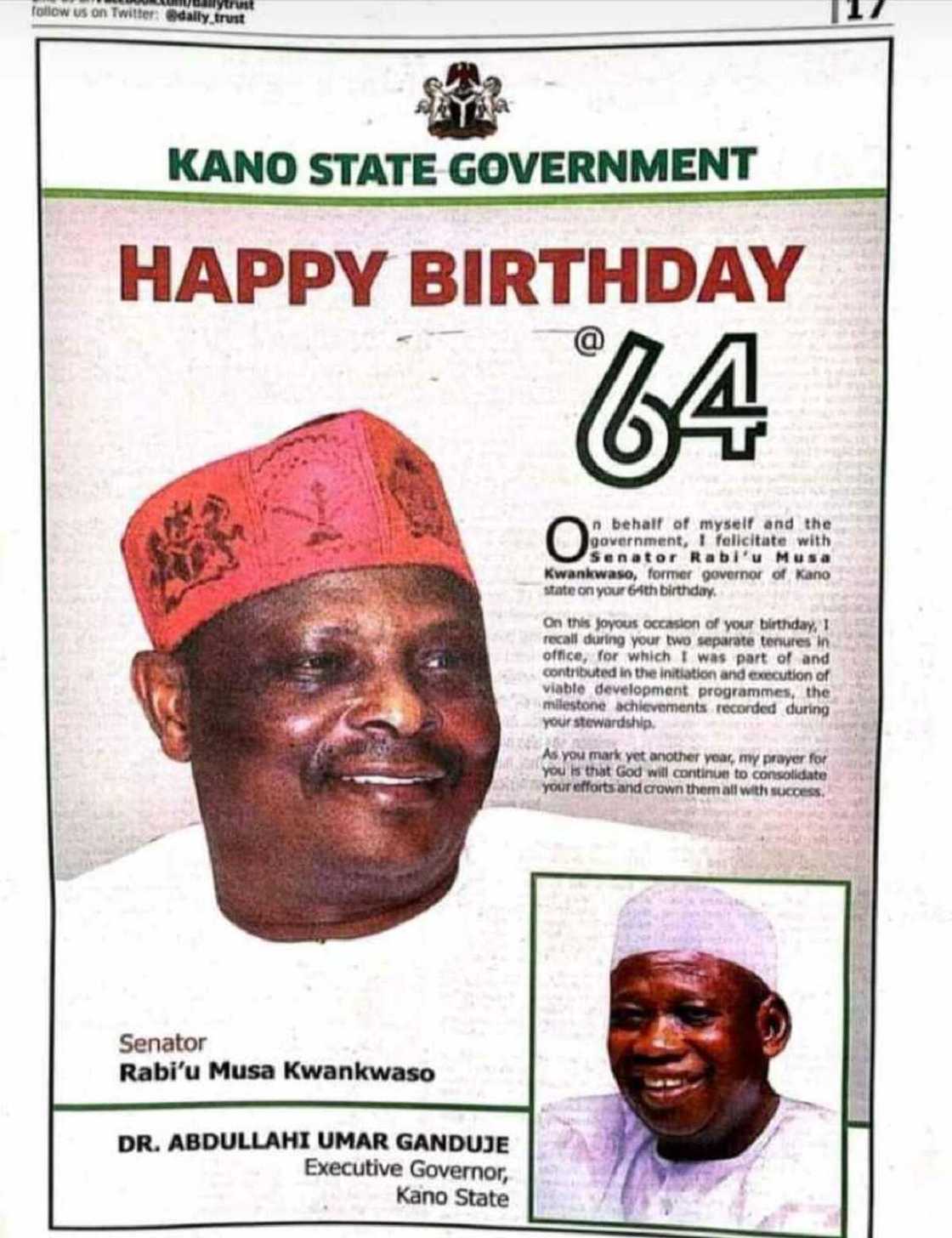 Kwankwaso @ 64: Abdullahi Ganduje ya taya tsohon Gwamnan Kano murna Kwankwaso @ 64: Abdullahi Ganduje ya taya tsohon Gwamnan Kano murna