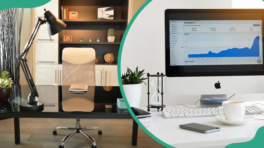 A table lamp on a black desk and a silver iMac displaying a line graph on a desk