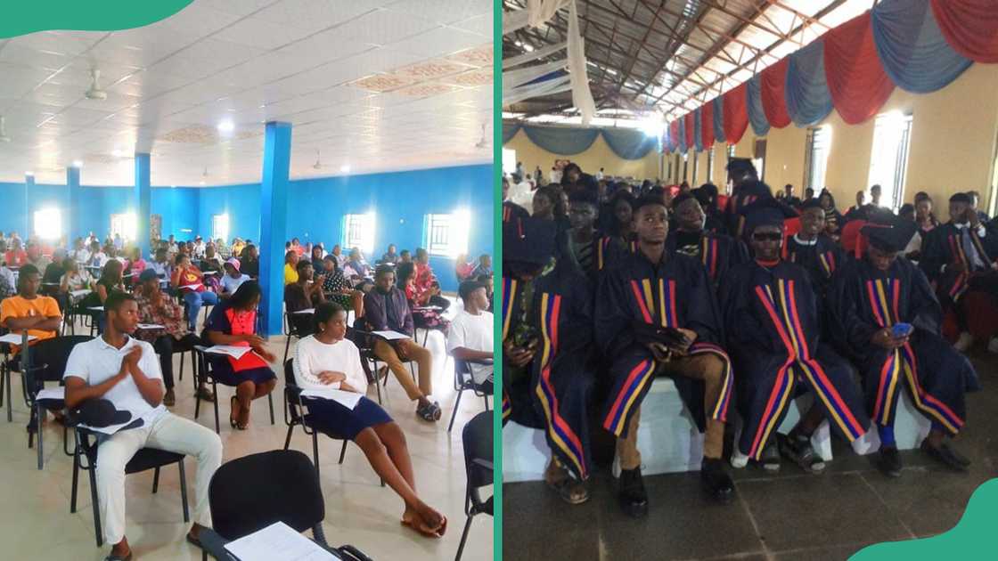 Ave Maria University students in an exam room (L). Ave Maria University graduates in gowns (R)