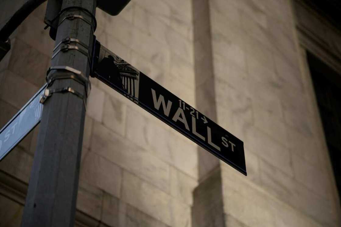 A general view shows a Wall Street sign outside the New York Stock Exchange (NYSE) in New York