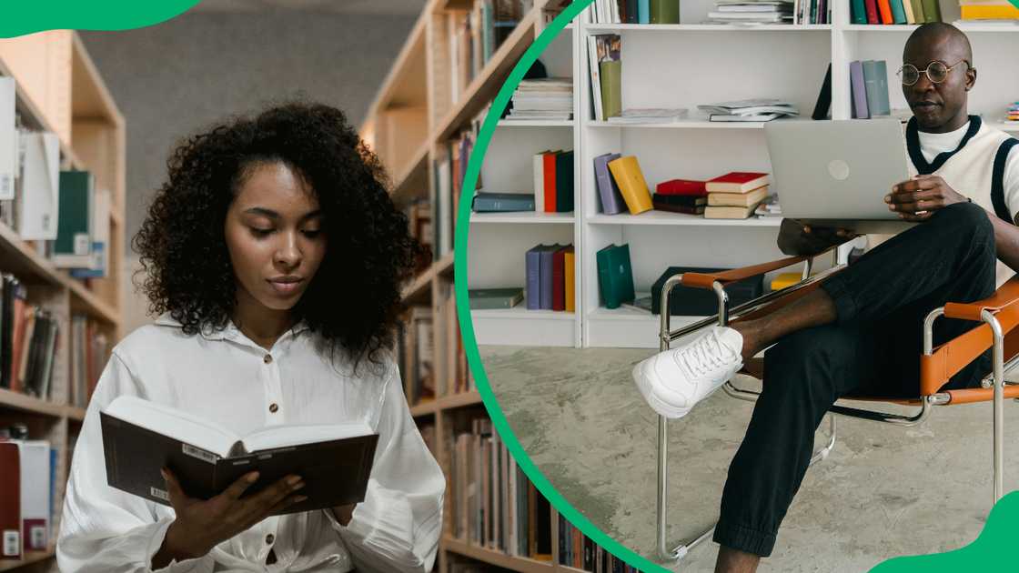 A female student in a white shirt reading a book in the library and a man is using a laptop while sitting on an armchair A female student in a white shirt reading a book in the library and a man is using a laptop while sitting on an armchair