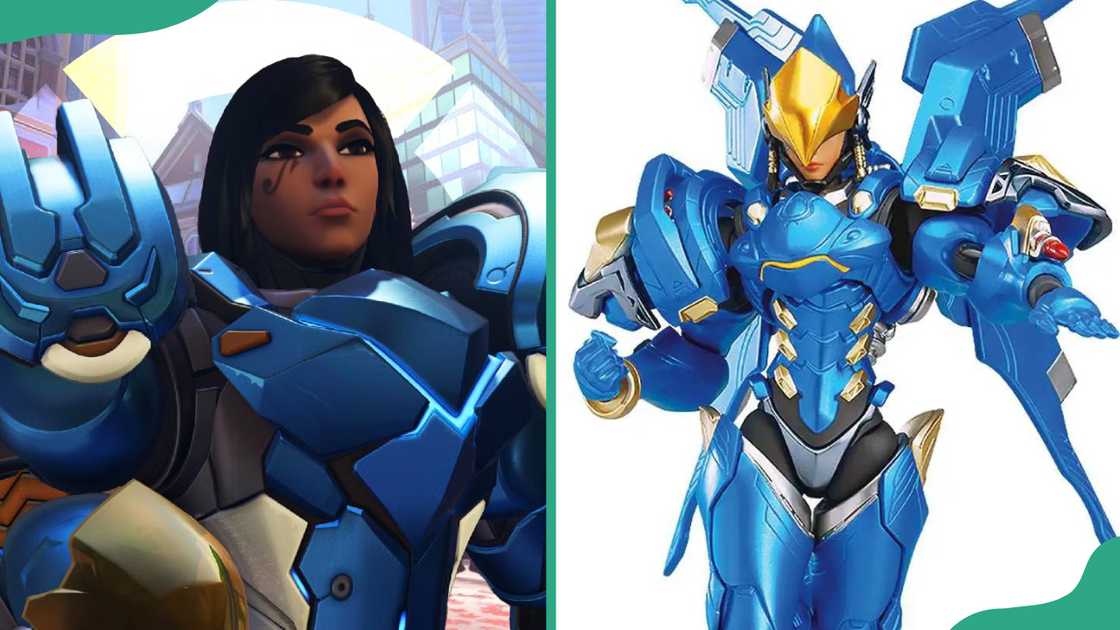 Pharah in her blue armored suit with gold accents (L). Pharah in blue armor, airborne (R).