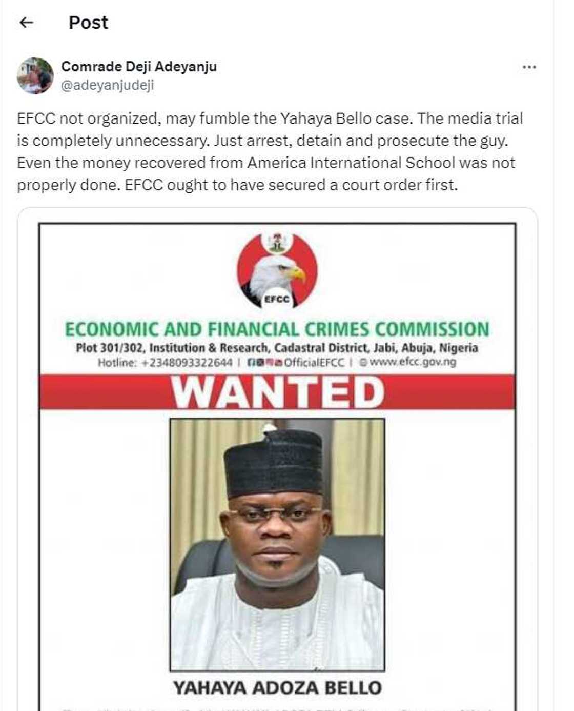 Deji Adeyanju comments on EFCC's case versus Yahaya Bello Deji Adeyanju comments on EFCC's case versus Yahaya Bello