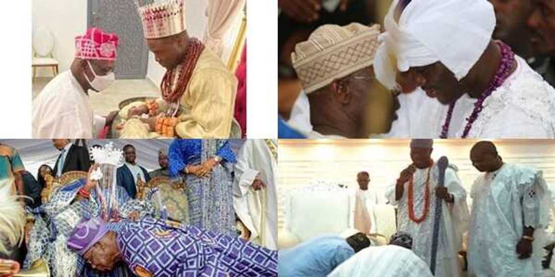 Olusegun Obasanjo: 3 Times ex-President Respects Tradition, Kneels down before Kings in Photos Olusegun Obasanjo: 3 Times ex-President Respects Tradition, Kneels down before Kings in Photos