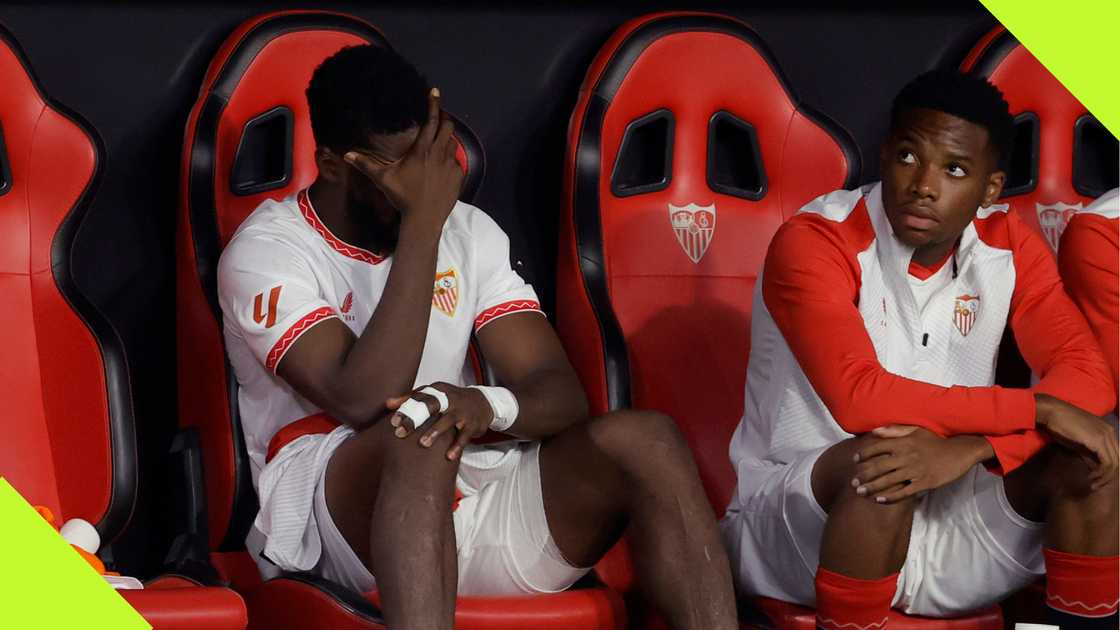 Kelechi Iheanacho, Stanis Idumbo Muzambo, Sevilla, Osasuna, La Liga, Estadio de Mestalla, Valencia, Spain. Kelechi Iheanacho, Stanis Idumbo Muzambo, Sevilla, Osasuna, La Liga, Estadio de Mestalla, Valencia, Spain.