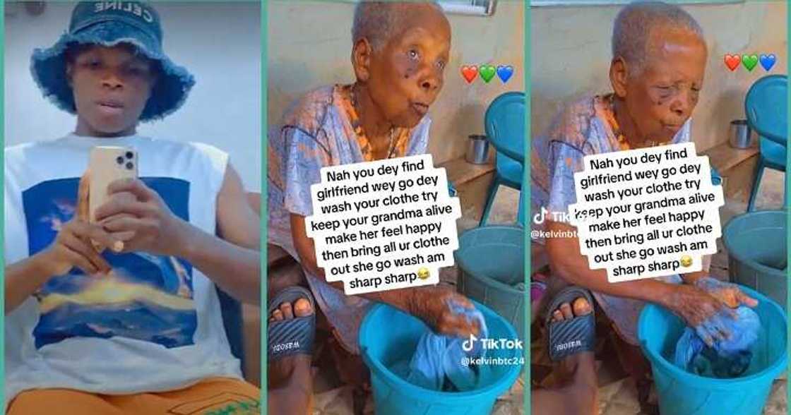 Man relaxes on chair as grandmother washes his clothes Man relaxes on chair as grandmother washes his clothes