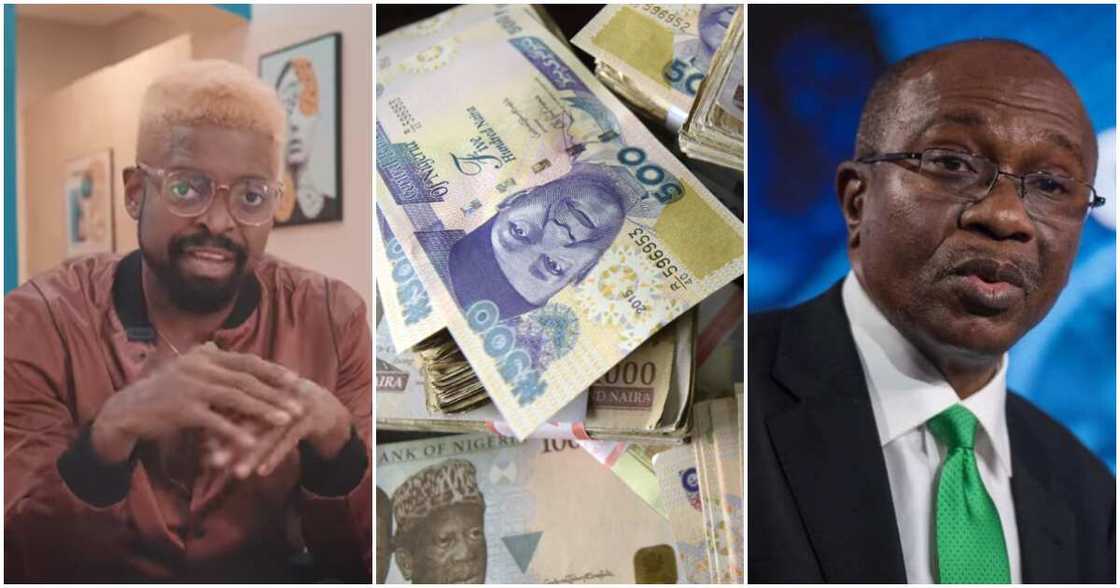 Photos of Basketmouth, CBN governor Godwin Emefiele and Naira notes Photos of Basketmouth, CBN governor Godwin Emefiele and Naira notes