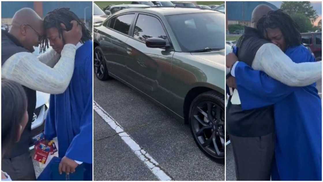 New graduate cries as Dad gives him a brand new car. New graduate cries as Dad gives him a brand new car.