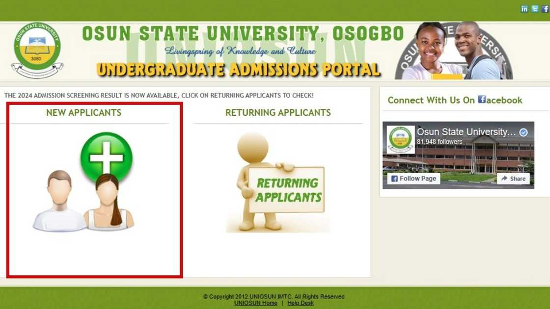 A screenshot of the UNIOSUN undergraduate's admission portal.