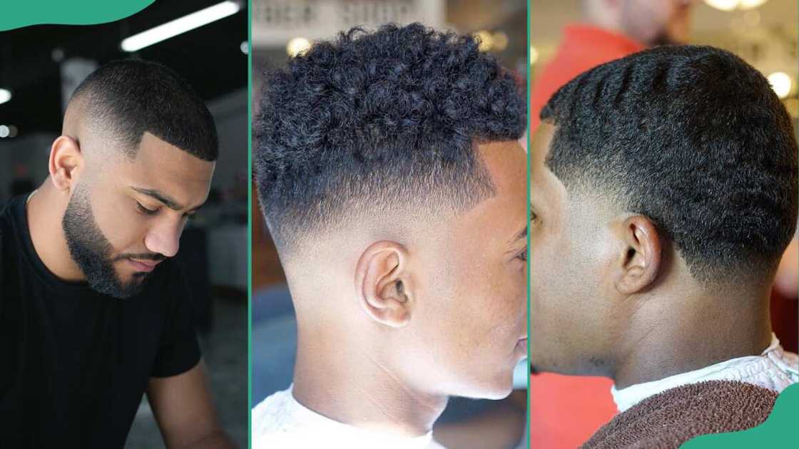 Shape-up quiff (L) medium curls (C), low-cut caesar fade Shape-up quiff (L) medium curls (C), low-cut caesar fade