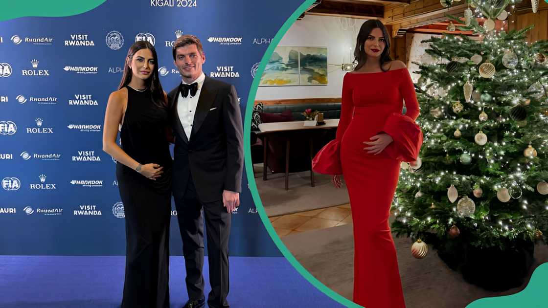 Max Verstappen and his girlfriend, Kelly Piquet posing during an award's event (L). Kelly Piquet posing in a red dress in front of a Christmas tree (R). Max Verstappen and his girlfriend, Kelly Piquet posing during an award's event (L). Kelly Piquet posing in a red dress in front of a Christmas tree (R).