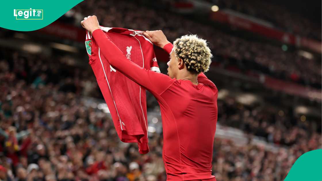 Hugo Ekitike, Liverpool, Southampton, Anfield, Carabao Cup, Ekitike celebrates his goal for Liverpool Hugo Ekitike, Liverpool, Southampton, Anfield, Carabao Cup, Ekitike celebrates his goal for Liverpool