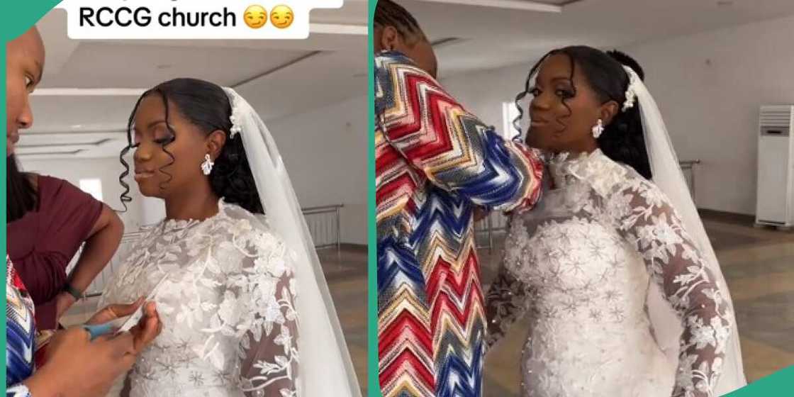 Clip of bride's gown being cut at RCCG church with scissors emerge online Clip of bride's gown being cut at RCCG church with scissors emerge online