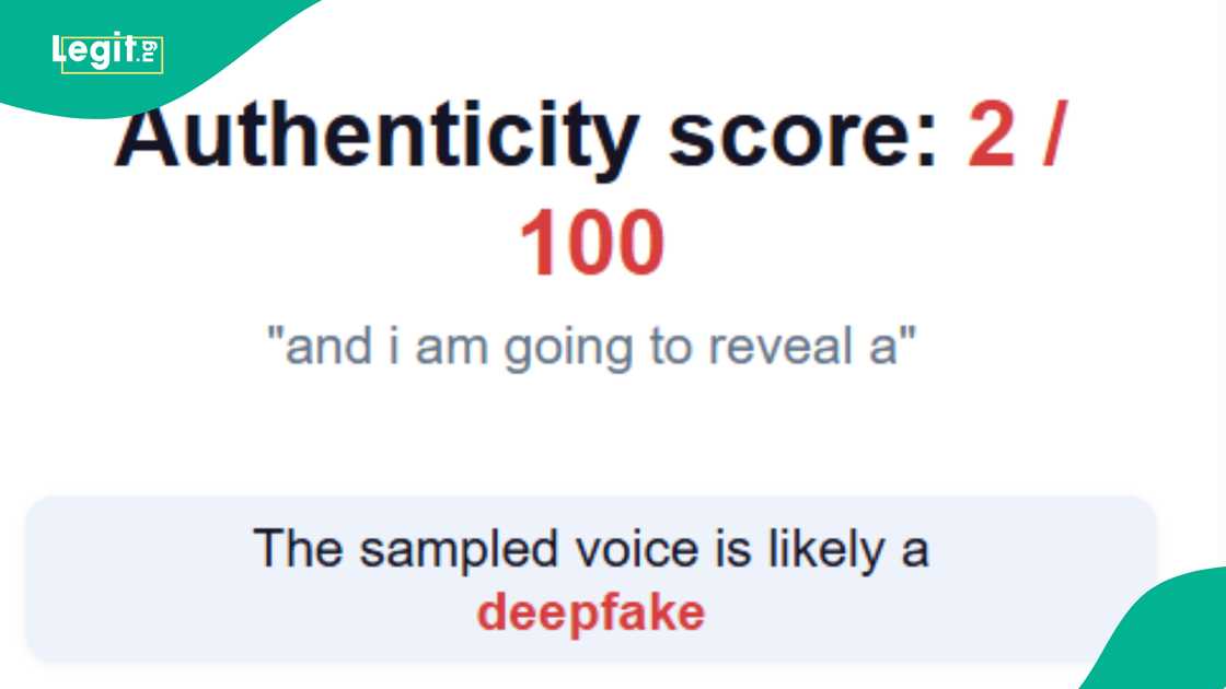 A screenshot showing the result of the Hiya Detector, indicating an analysis output from the tool used to assess whether content is AI-generated or manipulated. A screenshot showing the result of the Hiya Detector, indicating an analysis output from the tool used to assess whether content is AI-generated or manipulated.