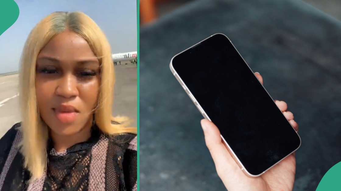 Lady checks her boyfriend's phone. Lady checks her boyfriend's phone.