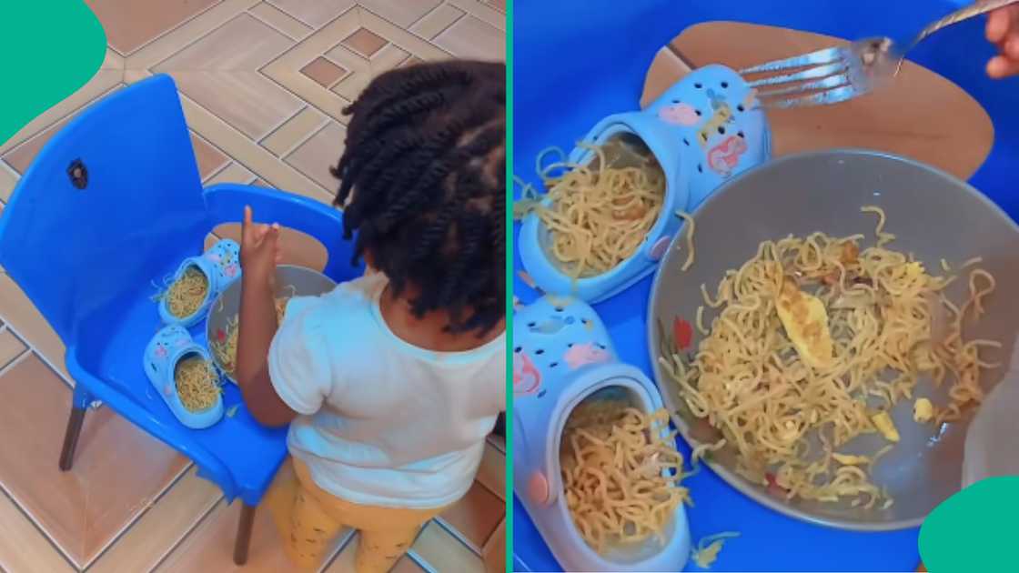 Baby dishes food into her shoes.
