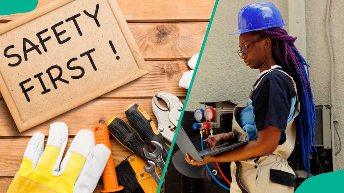 A safety first sign with protective gear and a female engineer working A safety first sign with protective gear and a female engineer working