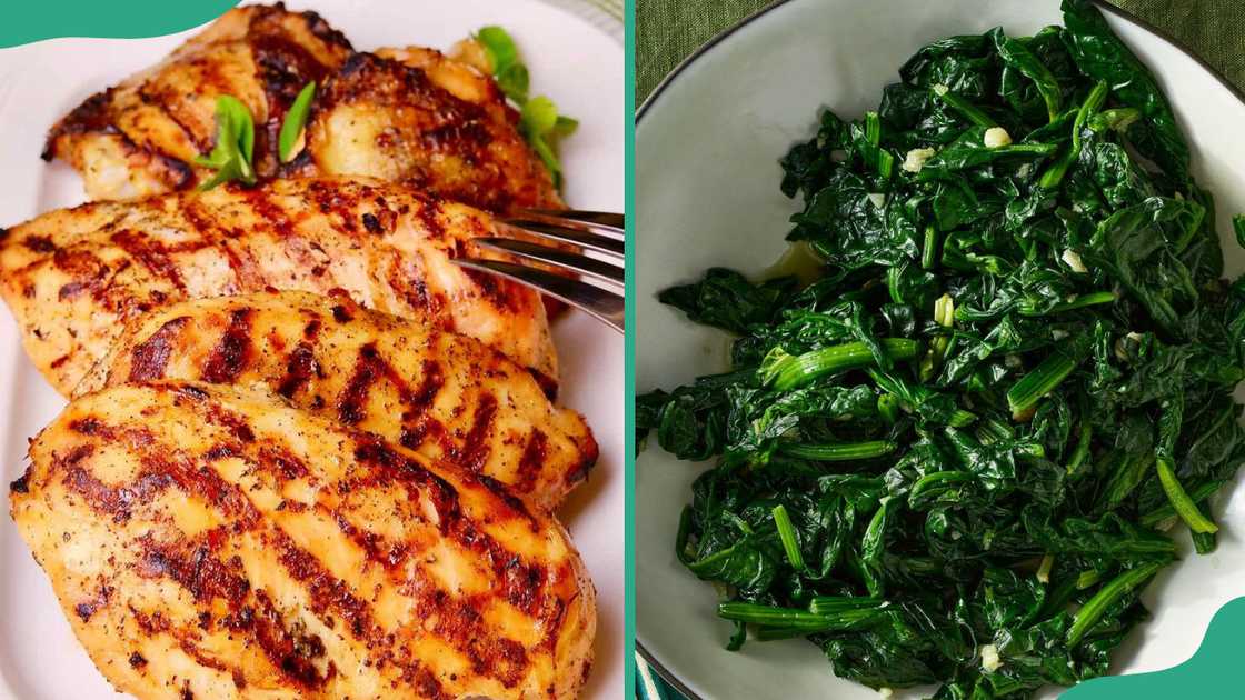 Chicken filet (L) and a bowl of spinach (R) Chicken filet (L) and a bowl of spinach (R)