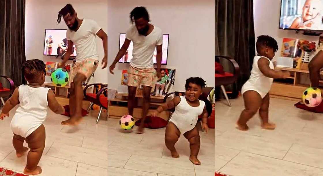 Photos of a plumpy baby playing football with his father. Photos of a plumpy baby playing football with his father.