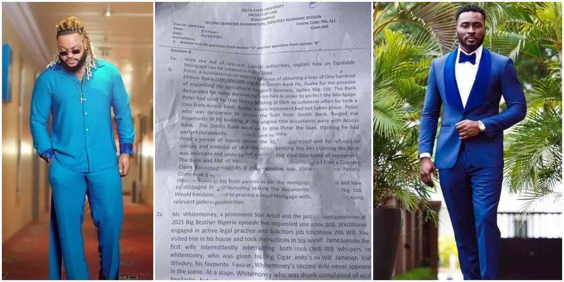 Nigerians react as BBNaija winner Whitemoney and Pere are featured in a recent DELSU examination, the paper causes stir Nigerians react as BBNaija winner Whitemoney and Pere are featured in a recent DELSU examination, the paper causes stir
