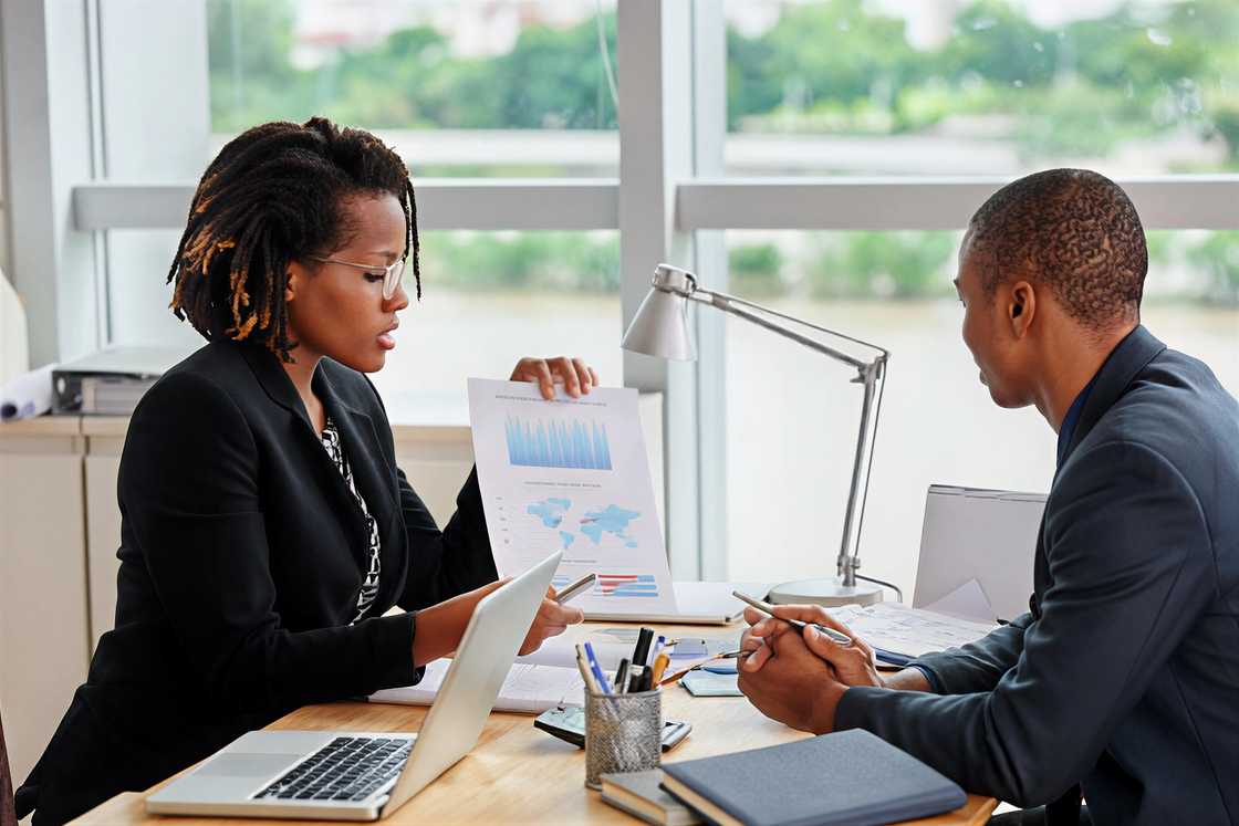 A woman and a man having a discussion and reviewing documents in an office setting. A woman and a man having a discussion and reviewing documents in an office setting.