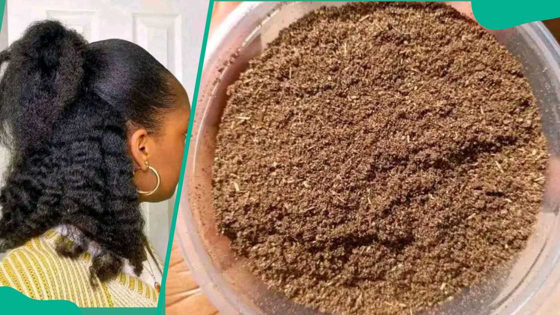 A lady with long hair (L), and a bowl of Chebe Powder (R)