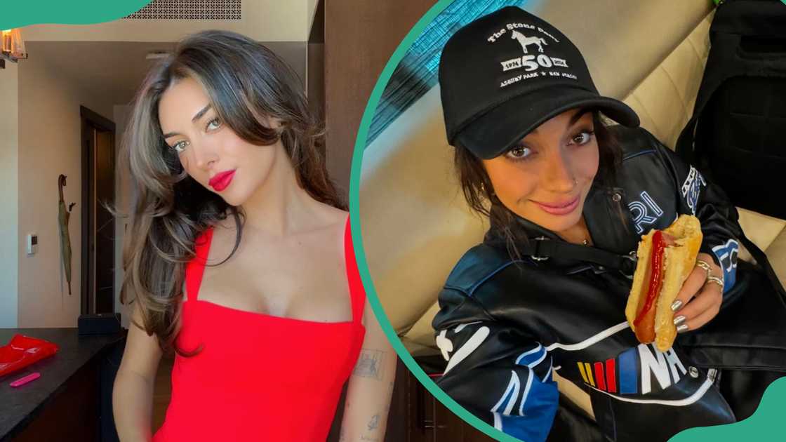 Brianna LaPaglia is pictured in a red dress (L) and in a black cap and black jacket as she enjoys a hotdog (R) Brianna LaPaglia is pictured in a red dress (L) and in a black cap and black jacket as she enjoys a hotdog (R)