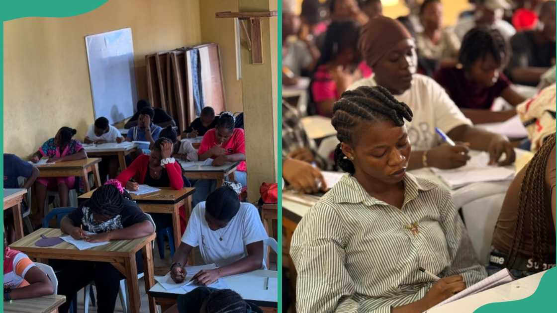 Students doing an exam in class in Nigeria