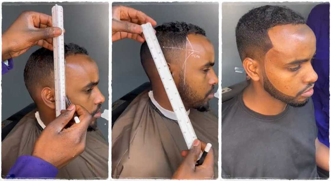 Photos of a barber using a ruler to measure customer's head.