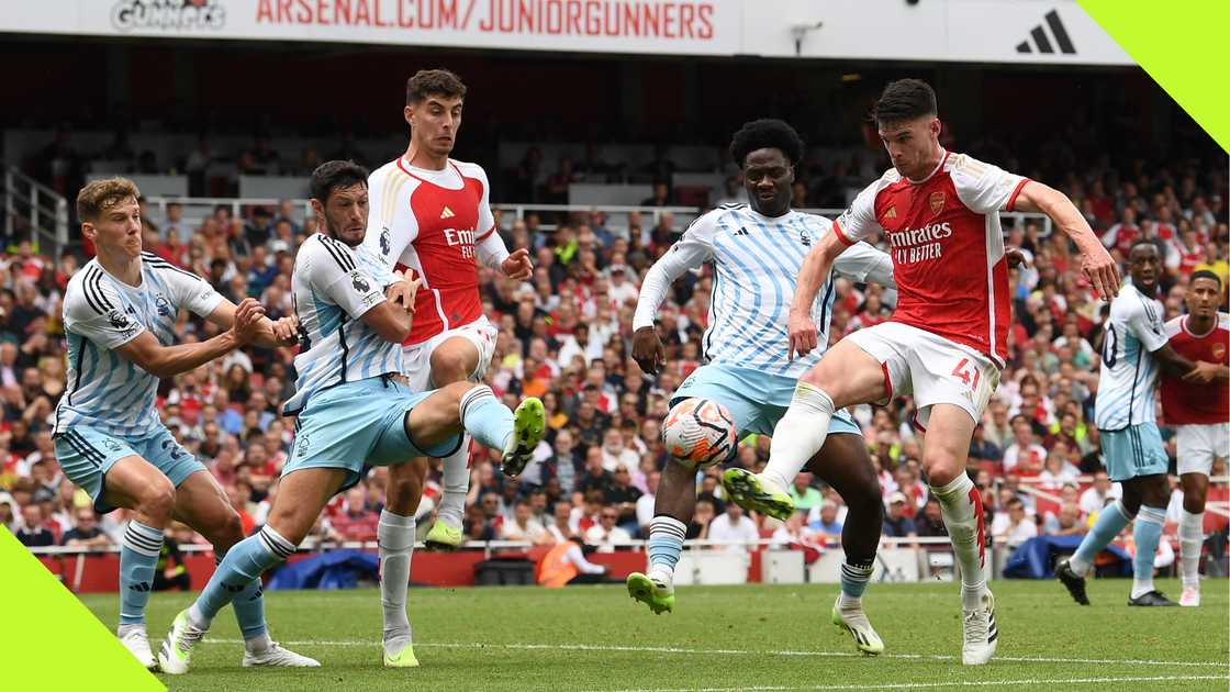 Ola Aina, Scott McKenna, Ryan Yates, Declan Rice, Kai Havertz, Arsenal, Nottingham Forest, Emirates Stadium, London, England, Premier League. Ola Aina, Scott McKenna, Ryan Yates, Declan Rice, Kai Havertz, Arsenal, Nottingham Forest, Emirates Stadium, London, England, Premier League.